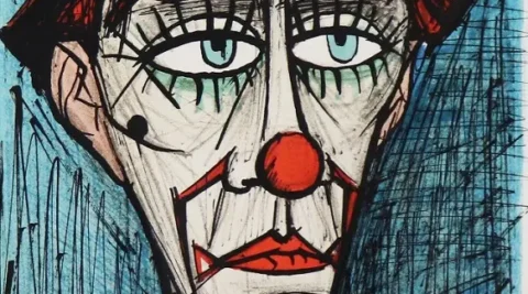 A clown with a blue background