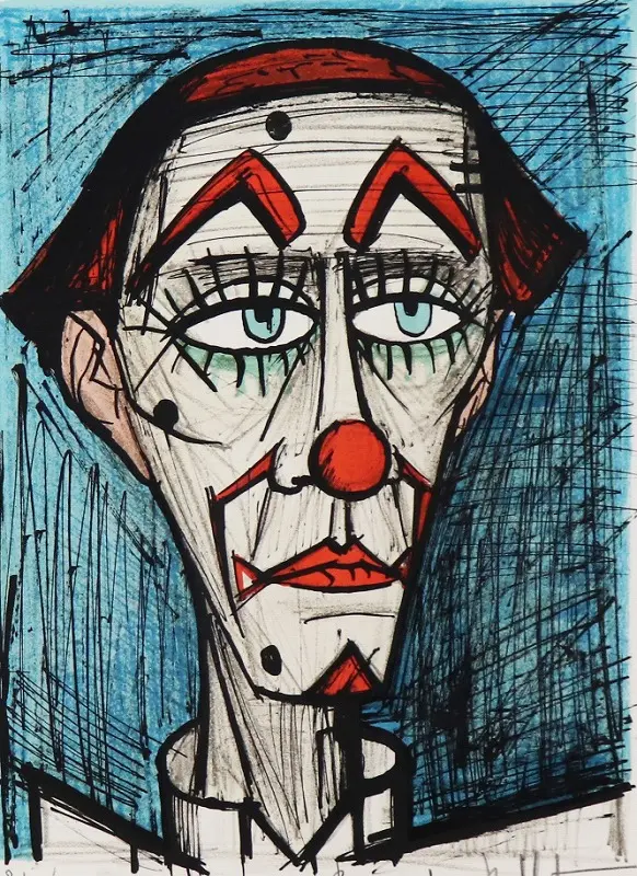 A clown with a blue background