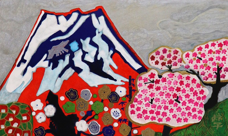 Offering Flowers to Mt. Fuji – Mt. Fuji with Noutori and Flowers